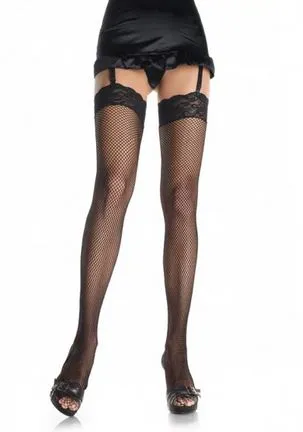 Teddies And Bodies Leg Avenue Fishnet Thigh Highs With Lace Top One Size Blk