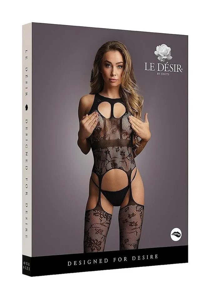 Le Desir Lace Suspender Bodystocking with Round Neck Le Desir Bodystockings Playsuits