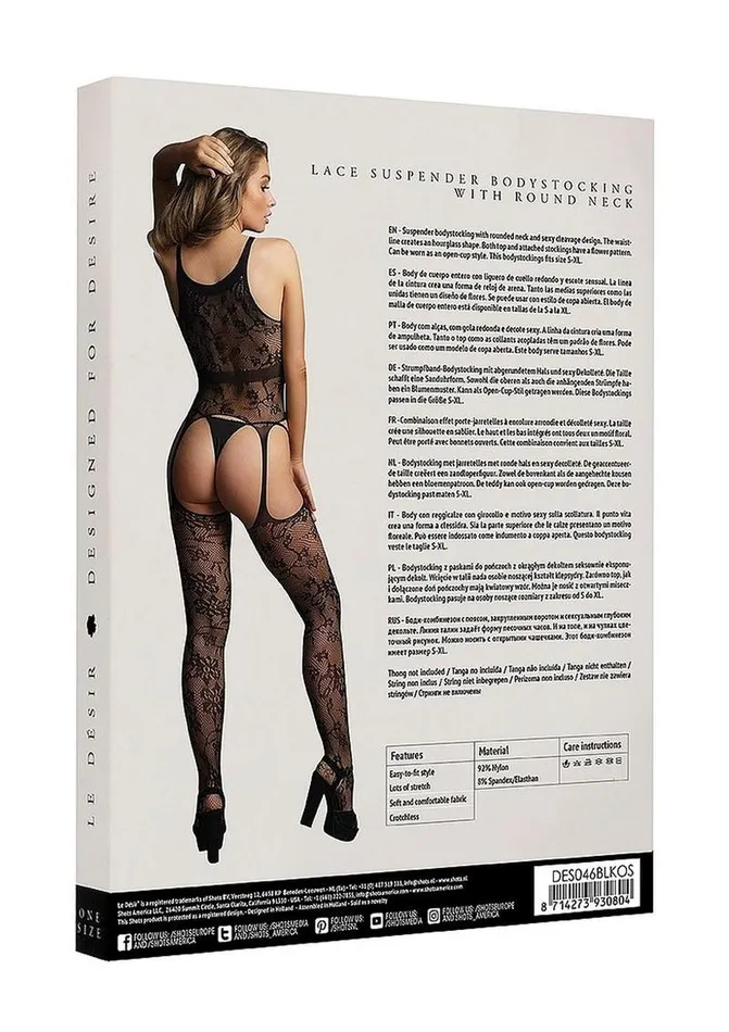 Le Desir Lace Suspender Bodystocking with Round Neck Le Desir Bodystockings Playsuits