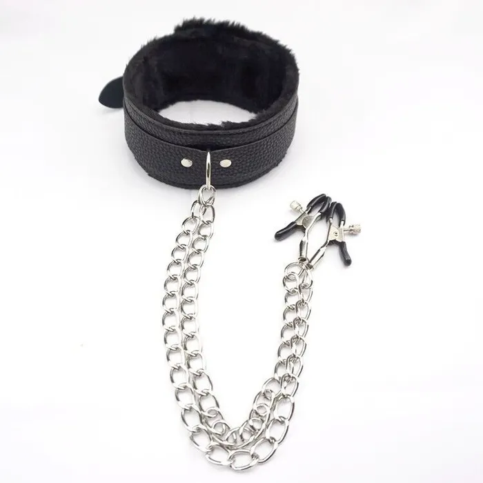 PU Leather Collar With Nipple Clamps SM Bondage Play Sex Toys Puce Gaia Couples