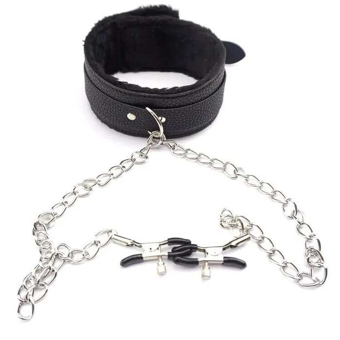 PU Leather Collar With Nipple Clamps SM Bondage Play Sex Toys Puce Gaia Couples