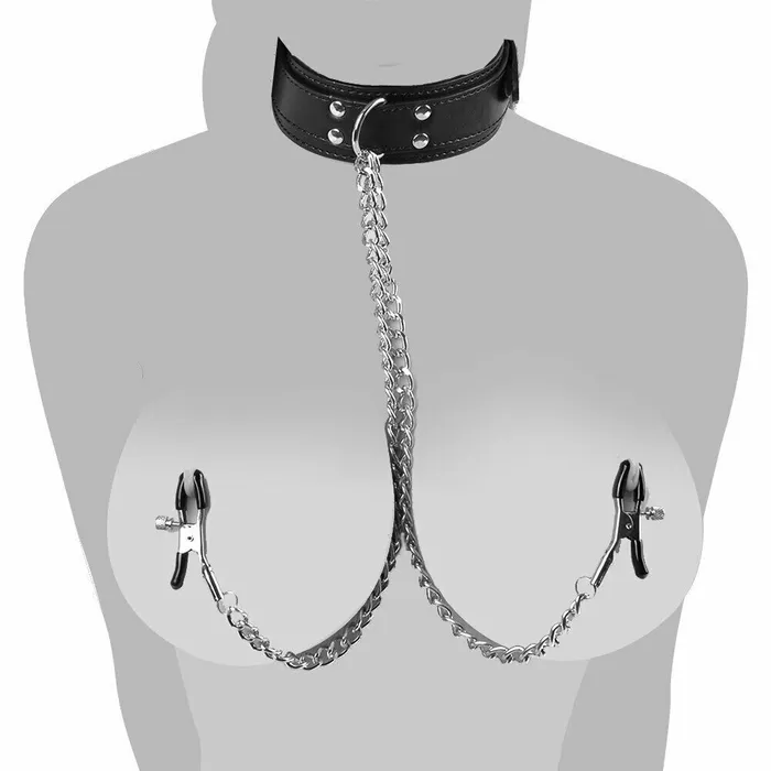 PU Leather Collar With Nipple Clamps SM Bondage Play Sex Toys Puce Gaia Couples