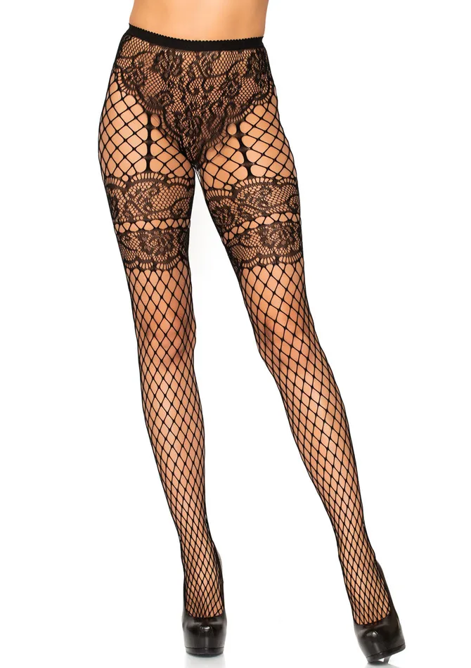 Teddies And Bodies Leg Avenue Lace French Cut Faux Garter Net Tights One Size Black