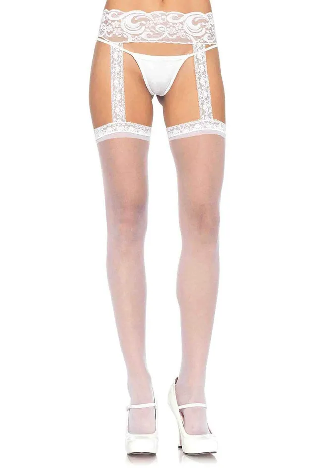 Leg Avenue Teddies And Bodies Sheer Lace Top Stockings With Attached Lace Garter Belt One Size White