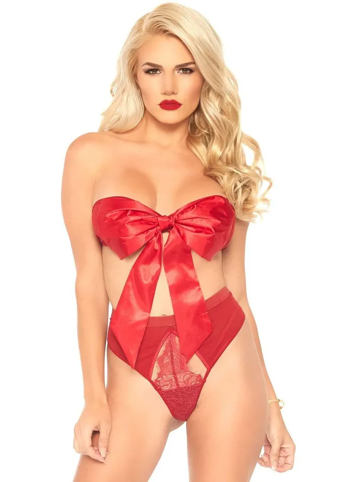 Male Sex Toys Leg Avenue 2 Pc Satin Ribbon Gift Bandeau With HookNEye Back and Matching GString Red Medium