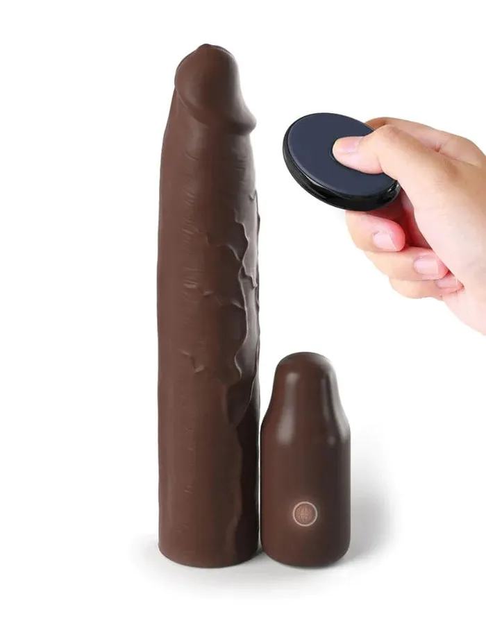 Male Sex Toys Pipedream Fantasy XTensions Elite 9 Inch Sleeve Vibrating 3 Inch Plug With Remote Brown