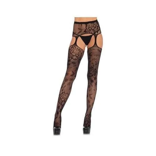 Teddies And Bodies Leg Avenue Floral Lace Stockings With Attached Waist Garterbelt Black One Size